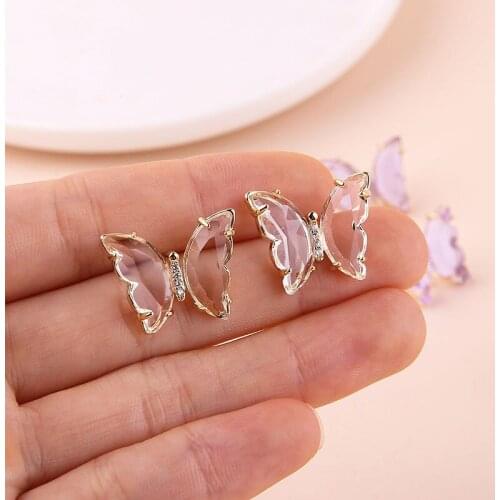 2pcs Korean Romantic copper plated Animal earrings zircon crystal glass butterfly pendant Sweet Colorful stud earring materia