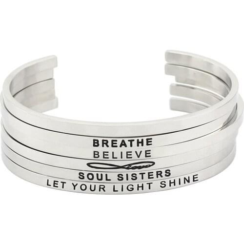 2020 Hot 316L Stainless Steel Engraved Positive Inspirational Quote Cuff bracelet Mantra Bracelet Bangle Jewelry for women