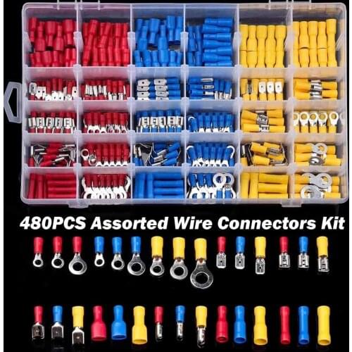 480PCS Insulated Electrical Wire Cable Connectors Assorted Crimp Spade Butt Ring Fork Set Ring Lugs Crimping Terminals Kit