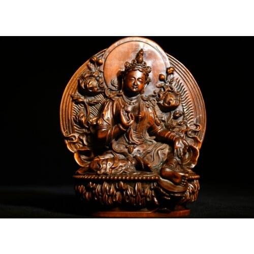 6" China Lucky Old Boxwood Handmade statue Green Tara Buddha statue Guanyin Bodhisattva statue Enshrine the Buddha