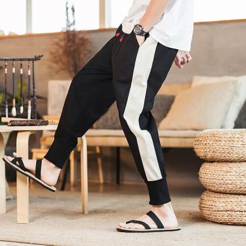 #8081 Spring Cotton Linen Pants Men Side White Striped Plus Size 5XL Casual Retro Pencil Harem Elastic Waist Japanese Streetwear