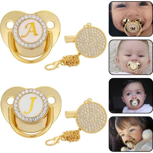Personalized Baby Pacifier Dummy Nipple with Rhinestones Soother Clip Chain 26 Letters Silicone Teethers Baby Shower Gift Infan