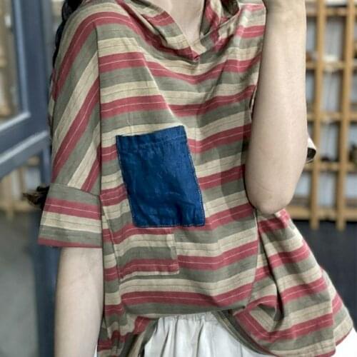 Womens Hooded T-shirt Short Sleeve Pure Cotton T-shirt Korean Patch Contrast Color Stripes Loose Hoodies Thin Casual Tops Summer