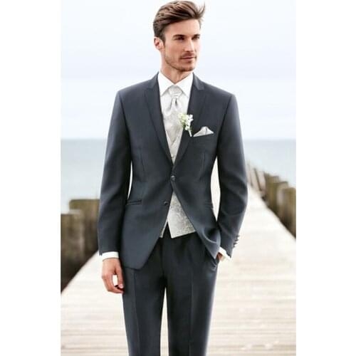 Hot Sale Two Buttons Dark Grey Groom Tuxedos Peak Lapel Groomsmen Mens Wedding Prom Suits (Jacket+Pants+Vest+Tie) NO:140