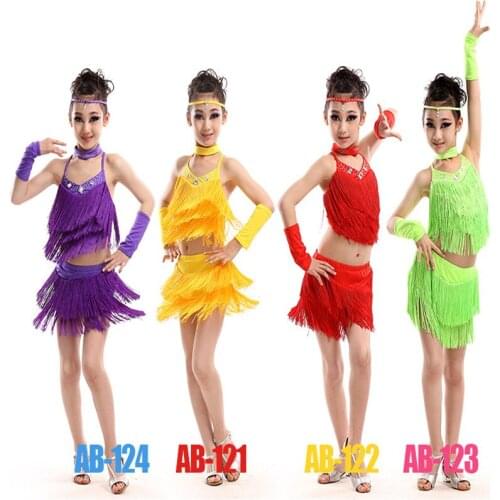 New Tassel Girls Latin Dance Costumes Suit Children Performance Dancewear Kids Ballroom Dresses Stage Dance Clothing
