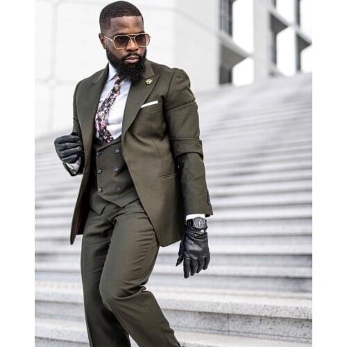 Jacket+Pants+Vest) Handsome Streetwear Dark Green Peak Lapel 3 Piece Groomsman For Wedding Prom Party Dress Custom Made