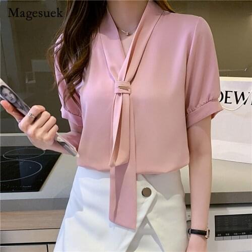 Fashion Summer Chiffon Blouse White Shirts Women Tops V Neck Short Sleeve Female Clothing with Tie 2021 New Blusas Mujer 15063