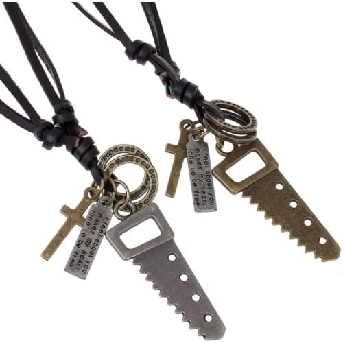 Fashion Rock Men Leather Necklace Vintage Saw Cross Pendants Statement Long Rope Chain Adjustable Choker Retro Punk Jewelry Gift