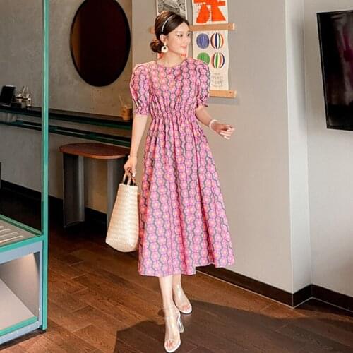 Fashion Summer Vintage Puff Sleeve Midi Party Dress Ladies Elegant Robe Casual Streetwear Floral Pink Print Beach Vacation Dress