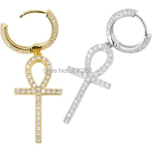 Fashion Jewelry bling zircon CZ stone ankh drop earrings gold plated, ankh cross drop earrings