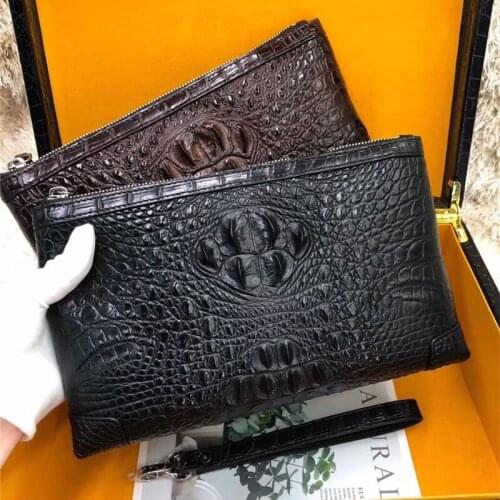 Authentic Real Crocodile Skin Zipper Closure Mens Large Clutch Purse Laptop Case Genuine Alligator Leather Male Wristlets Bag