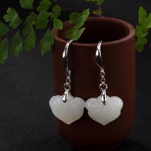 Natural 925 sterling silver inlaid hetian white wishful jade earrings jewelry simple individuality for women earings