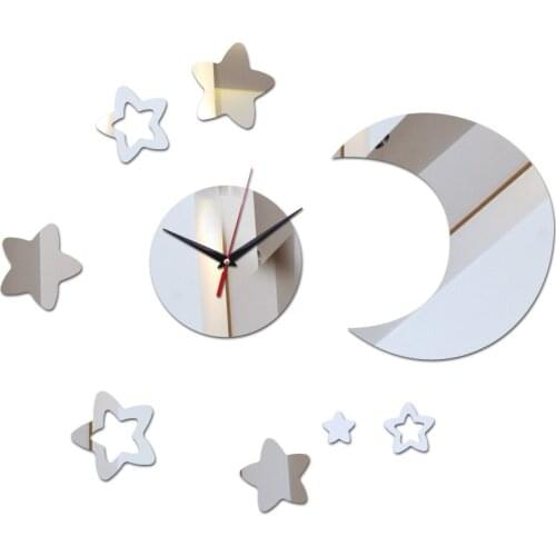 New fashion diy wall clock Clocks Home Decoration Acrylic 3d Mirror stickers modern living room moon and star