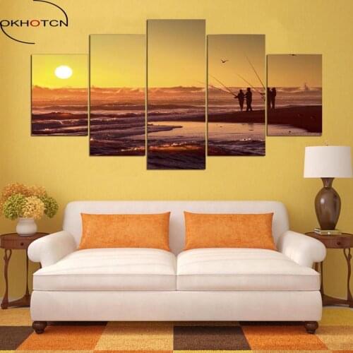 OKHOTCN 5 Panels HD Sunset Fishing Print Canvas Art Framed Paintings For Modern Home Living Room Wall Decor Scenery View Picture