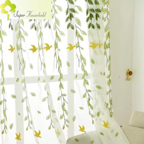Pastoral Curtains For Bedroom Window Tulle For Living Room Yellow Embroidered Swallows Sheer Green Willow Whiskers Fabrics Kids