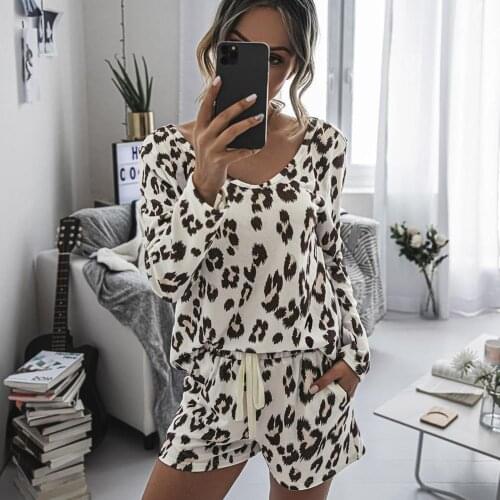 Pajama Sets Women Leisure elegance Leopard Print Sleepwear Set Pajamas Blouse Top Drawstring Pockets Shorts Womens Sleep 2021