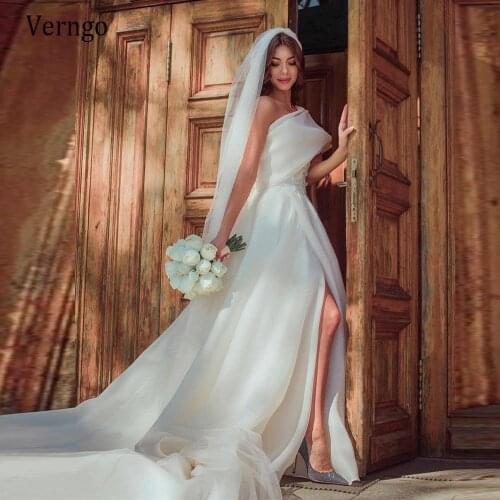 Verngo Simple A Line Organza Wedding Dresses Beach One Shoulder Flowers Front Slit Sexy Bridal Gowns Chapel Train Custom Made