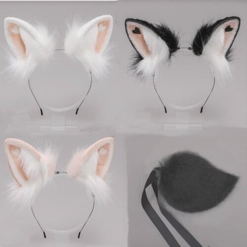 Plush Wolf Cat Ears Realistic Lolita Headband Cute Bunny Tail Cosplay Props Accessories Simulation Animal Ear Halloween Headwear
