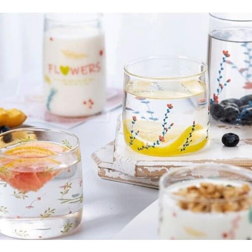 INS Transparent Glass Cup Heat-resistant Coffee Yogurt Cup Teenage Simply Milk Breakfast Cup Green Leaf Print Cup