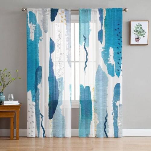Luxury Sheer Curtains Watercolor Blue Tie Dye Kitchen Bedroom Living Room Tulle Curtains Study French Window Chiffon Curtains