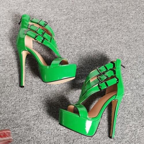 Fashion green patent leather high platform woman sandal T strap belts woman high heel platform sandal large size custom make
