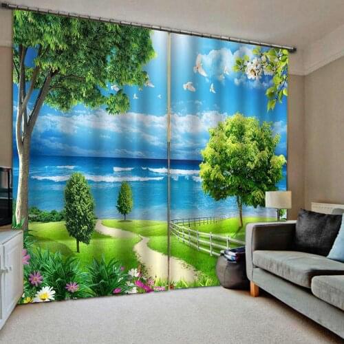 Blue sky curtains green landscape curtain 3D Curtain Luxury Blackout Window Curtain Living Room