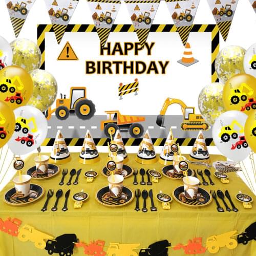 Construction Vehicle Party Decorations Cars Disposable Tableware Cupcake Toppers Banner Balloon for Kids Birthday Boy Faovr gift