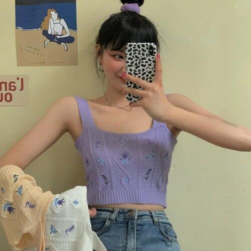 Flower Embroidery Knitted Crop Tops Elastic Camisoles Sexy Streetwear Tube Tops Women Crop Tops Summer Spaghetti Straps