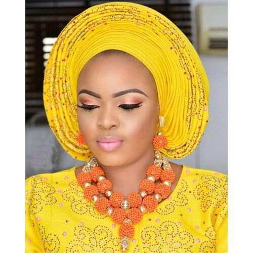 Splendid Nigerian Wedding Coral Statement Jewelry Set Handmade Coral Beaded African Necklace Bracelet Earrings Set Gold CNR079