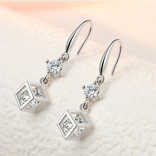 Top Quality 925 Sterling Silver Earrings For Girls Princess Accessories Trendy Crystal Cube Drop Earring Female Jewelry Lady