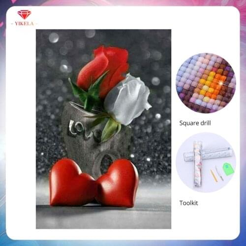 YIKELA Full Square Wall Sticker Diamond Painting Diamond Embroidery Loving Heart Roses Diamond Painting Cross Stitch Craft Kit