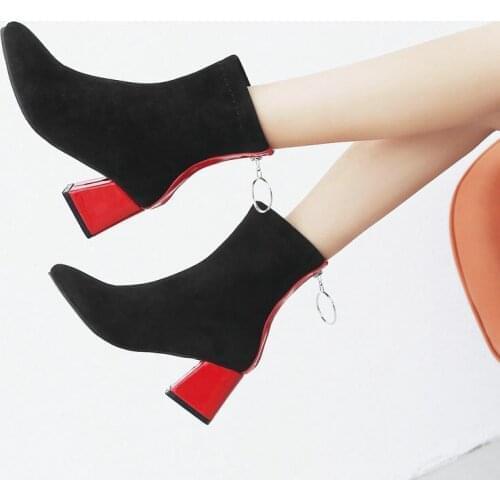 High-quality Suede Womens Shoes Round Toe Back Zipper High Heels Winter Womens Nude Boots Square Root Short Plush Warm Boots