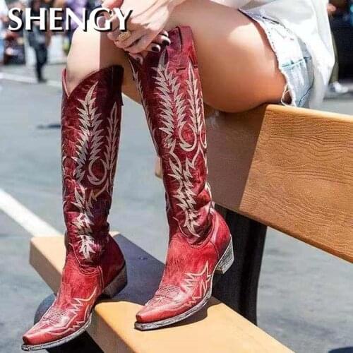 2020 Female High Heel Leather Shoes Knee-High Cowboy Boots Stylish Women Boots Autumn Vintage Long Tube Knight Boot