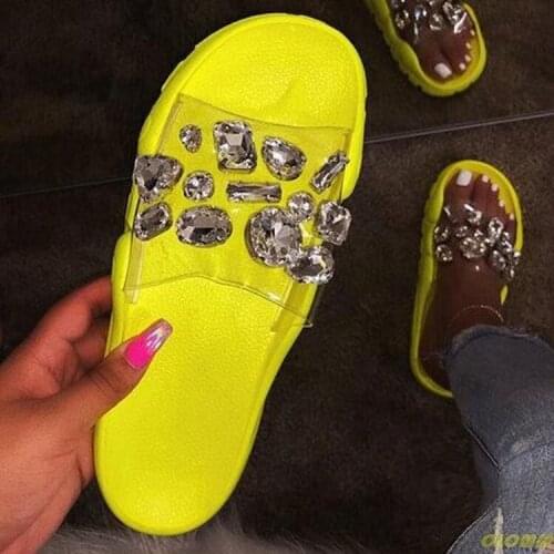 Hot Sale 2020 Womens Summer Flat Shoes Rhinestone Slippers Outdoor Beach Sandals Open Toe Solid Color Plus Size 43