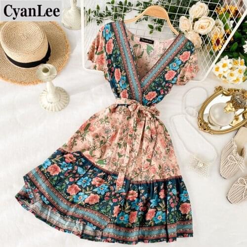 Cyanlee Women Retro Ethnic Printing Holiday Dress Ins Hot Sexy V-neck High Waist Slimming One-piece Vintage Vestidos
