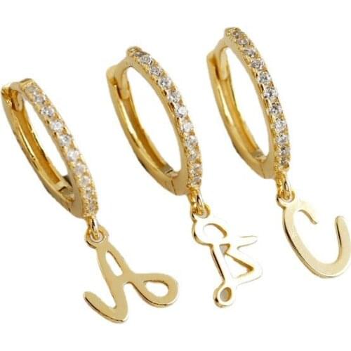 1PAIR 100% Authentic 925 Sterling silver White/ gold MICRO PAVE Cz script letters A-Z Huggie Hoop Earrings Punk Jewelry CE141