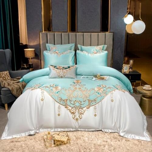 4Pcs Satin Cotton Duvet Cover Set Embroidery Patchwork Bedding Set Rich Silky Soft Cotton Bed Sheet Pillowcases Queen King 4Pcs