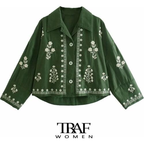 TRAF Za Women Fashion Floral Embroidery Loose Linen Blouses Vintage Long Sleeve Button-up Female Shirts Blusas Chic Tops