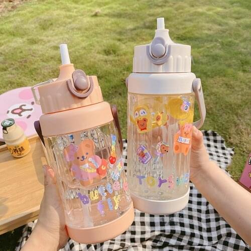 1500/2000ml Cute Bear Water Bottle With Straw Sport Plastic Portable Handle Large Bicycle Drinking Bottles BPA Free Wholesale
