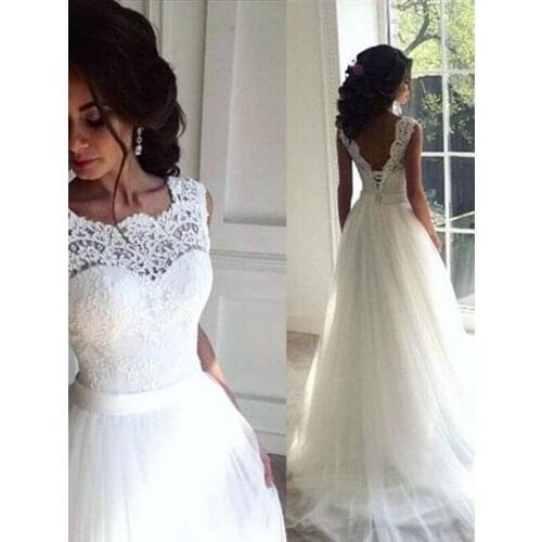 Elegant Tulle Wedding Gowns A-Line Lace Sleeveless Bridal Dresses Floor Length vestidos de festa 2019