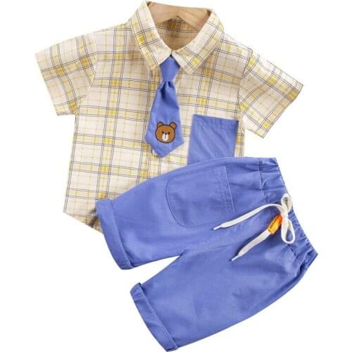 2021 Boys Girls Summer Clothing Sets Infant Baby Boys Clothes Set Plaid Tie T-shirt Tops+Shorts Kids Outfits