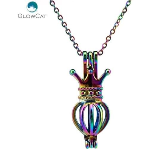 C228 COLORS King Princess Crown Bead Cage Locket Stainless Chain Stainless Chain Aroma Essential Oil Diffuser Locket Necklace