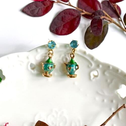 Cute Three-Dimensional Teapot Kettle Gem Drop Earrings For Women Fashion Jewelry S925 Needle Enamel Glaze Female Earring