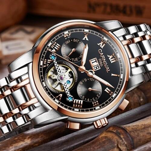 Carnival Mens Self-Wind Tourbillon Mechanical Watches Luminous Waterproof Automatic Skeleton Watch Men Relogio Masculino