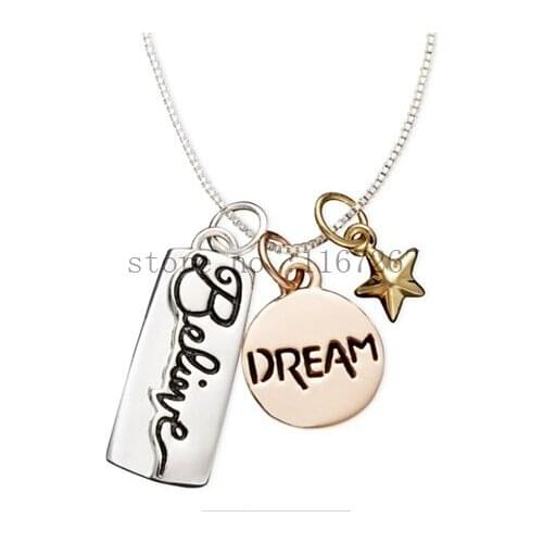 2015 new style Inspirational Tri Colored plating Silver with Yellow, Rose Gold Flashed Dream and Believe Charm Pendant Necklace