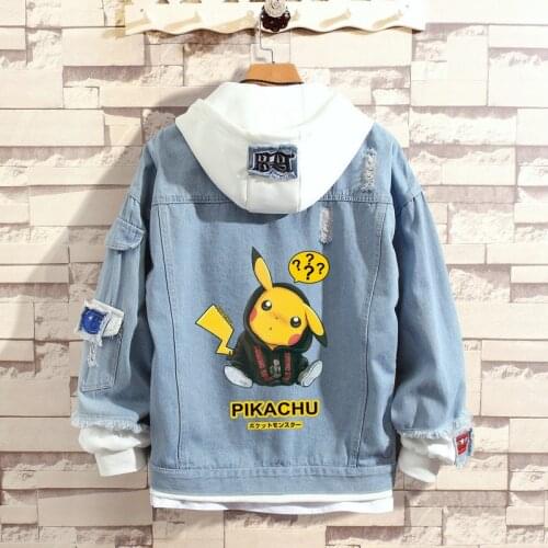 Pikachu Denim Jacket Men Autumn Spring Coat Cowbay Fashion Brand Clothing Men Hip Hop Streetwear Hooded Jacket Jaqueta Masculina