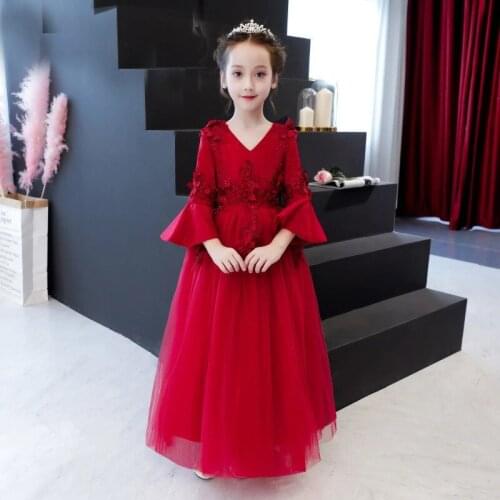 Flower Girl Dresses Burgundy Long Appliques Flowers Communion Dresses Pearls Long Sleeved Elegant Girls Princess Dresses