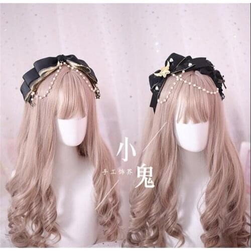 Dark Black Gothic Lolita Lace Trim KC Headband Pearls Bow Handwork Hair Accessories Headwear Womens Headdress B446