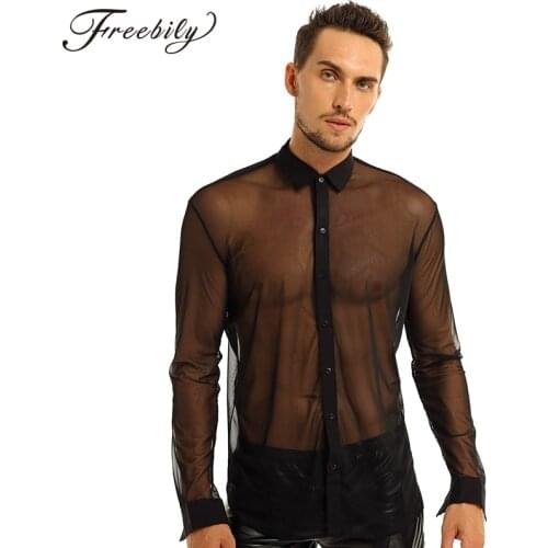 Transparent Mens Shirt Fashion See Through Mesh Long Sleeve Shirt Clubwear Soft Top Shirt for Party Prom Marriage Event Shirt