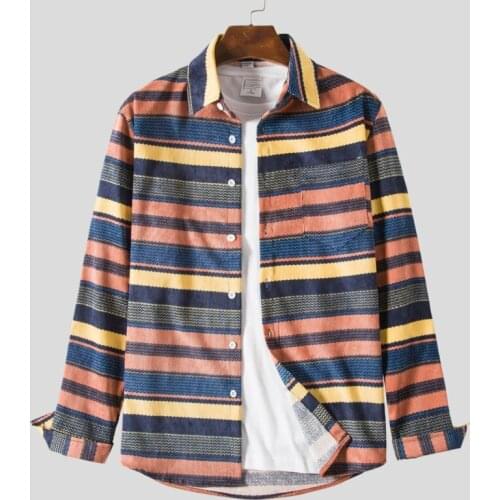 Mens Cotton Corduroy Designed Retro Horizontal Striped Korean Woman Casual Loose Long Sleeve Shirts chemise homme
